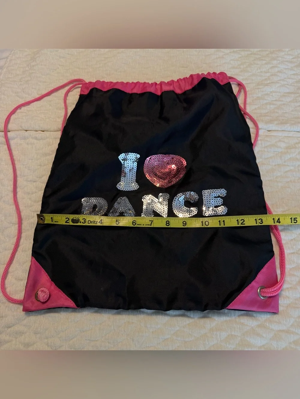 I ❤️ Dance Nylon Knapsack Bag Black Pink Silver Sequins